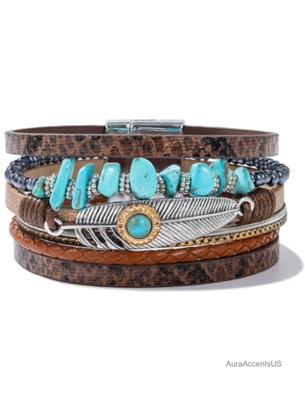 Genuine Turquoise Leather Wrap Cuff Bracelet Boho Feather Magnet